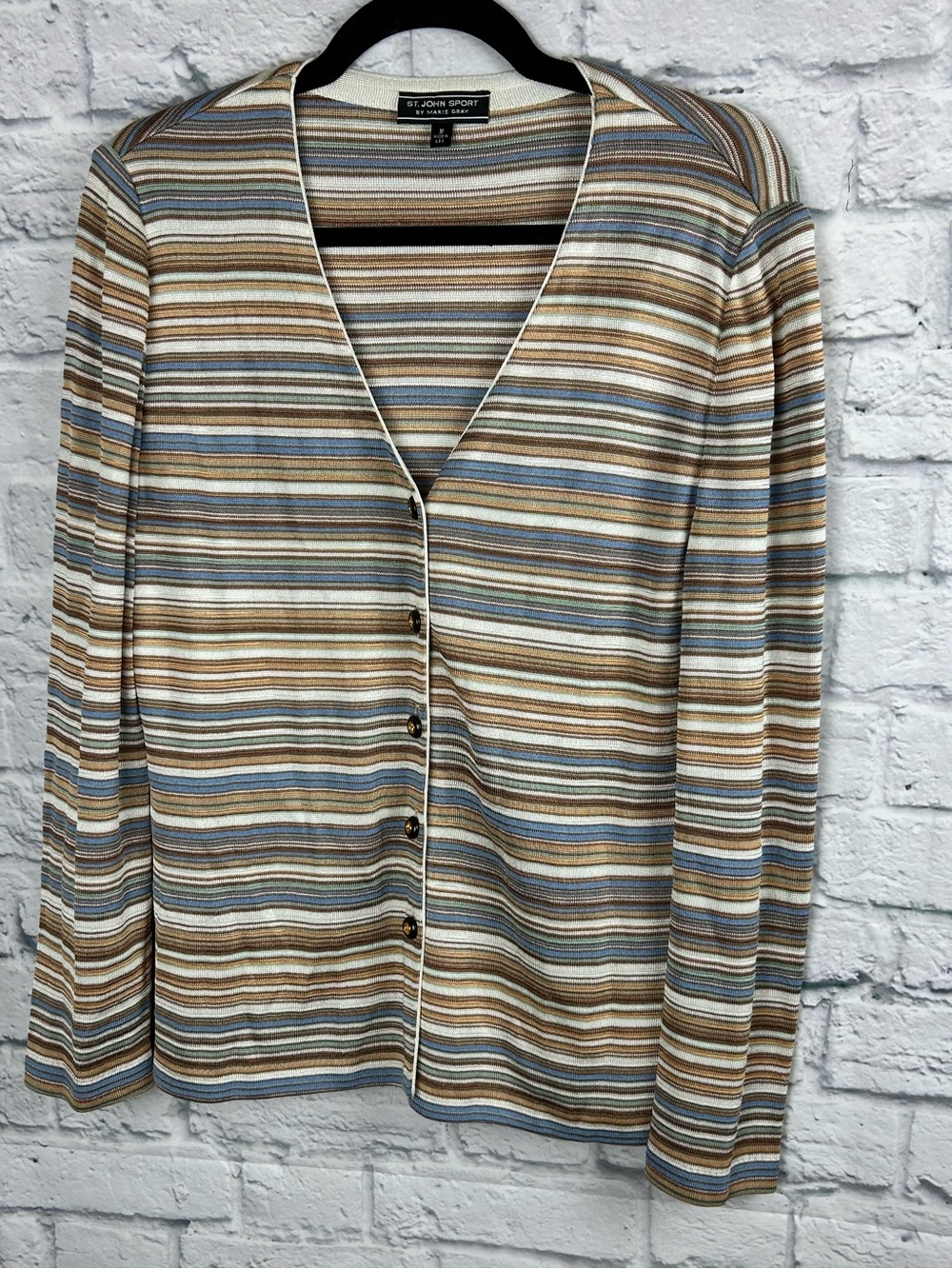 St. John Sport Marie Gray Women’s M Striped Knit Cardigan Logo Buttons USA